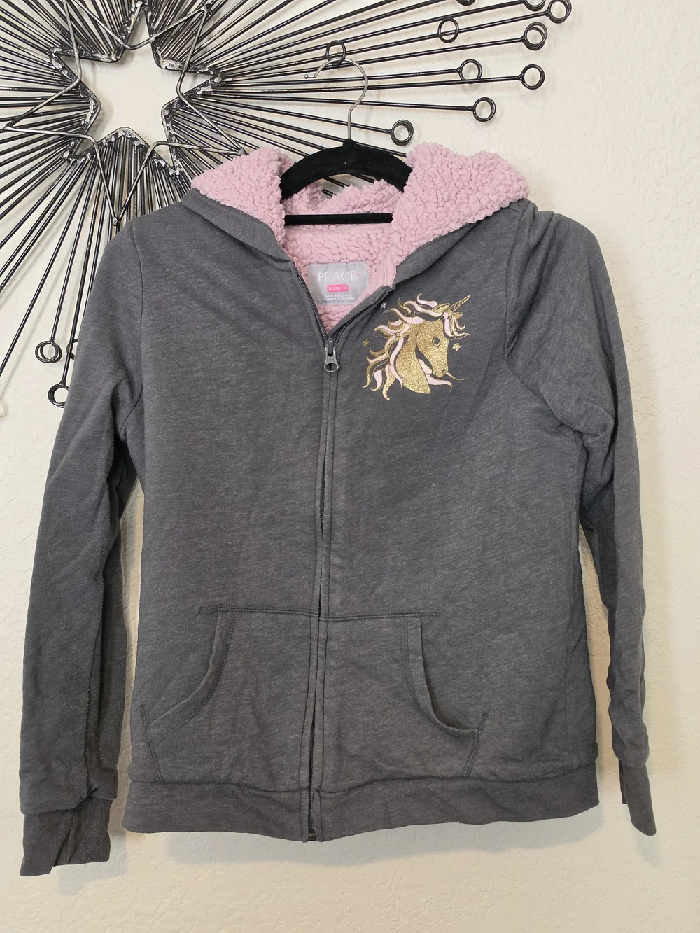 The Children's Place Gray Zip Hoodie with Pink Sherpa Lining & Gold Unicorn